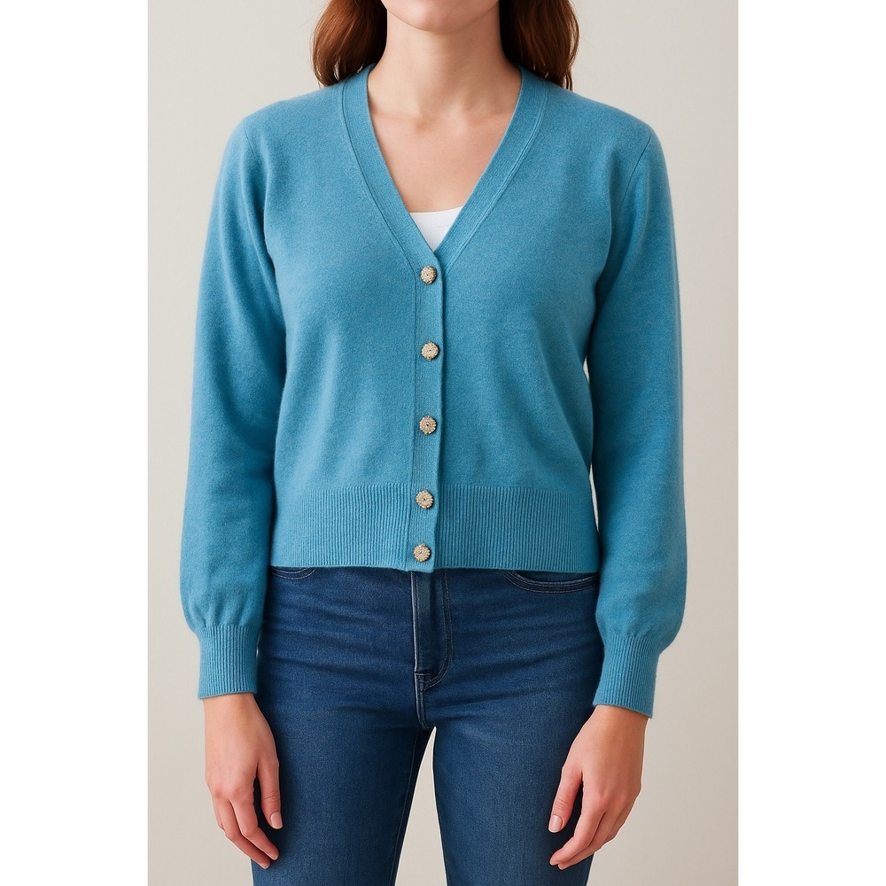 LOFT Women's Cardigan Sweater‎ Blue Jeweled Button V Neck Small Knit